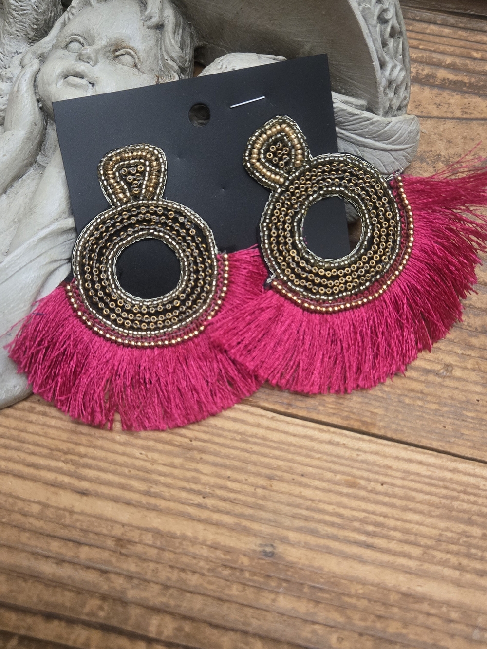 Gold Beaded Hot Pink Fringe Statement Earrings - Women Jewelry